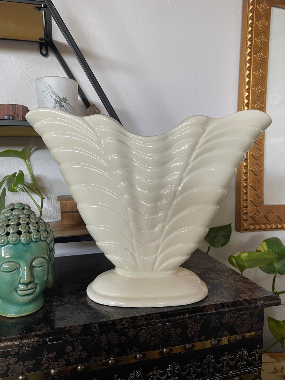 Cream Ceramic Fan Vase by Roseville
